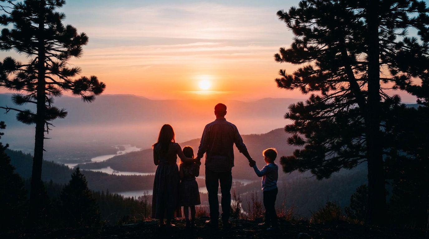 Family watching sunrise over mountains